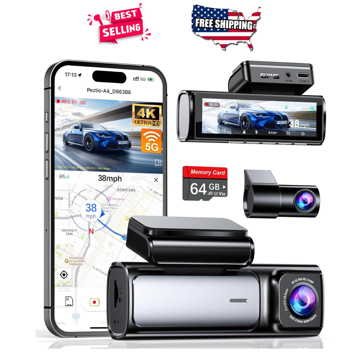 4K Dash Camera Front Rear 64GB Card GPS WiFi Loop Recording G-Sensor Night Mode