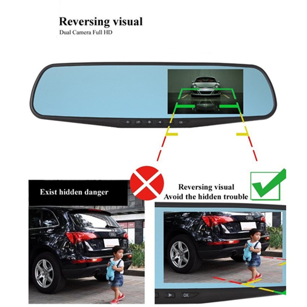 4.3 Inch Rear View Mirror Car DVR Dual Lens Dash Camera Night Vision Backup Cam