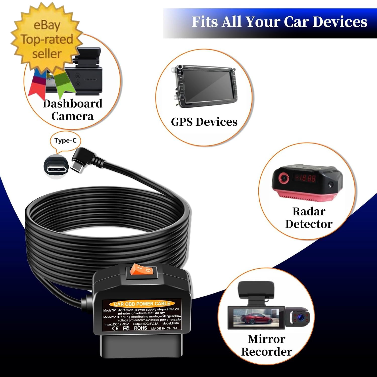 OBD2 to USB C Power Adapter for Dash Cam, Hardwire Kit with Parking Mode, Low Vo