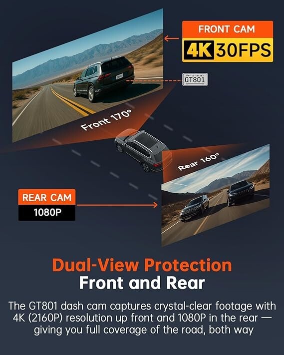 Dash Cam Front and Rear, 4K UHD Dash Camera for Cars 32 GB Card Included
