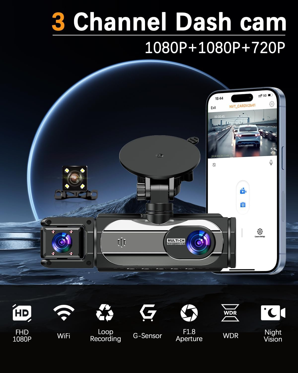 Dash Cam Front and Rear, 1080P Dash Camera for Cars, 3 Channel Car Camera Front