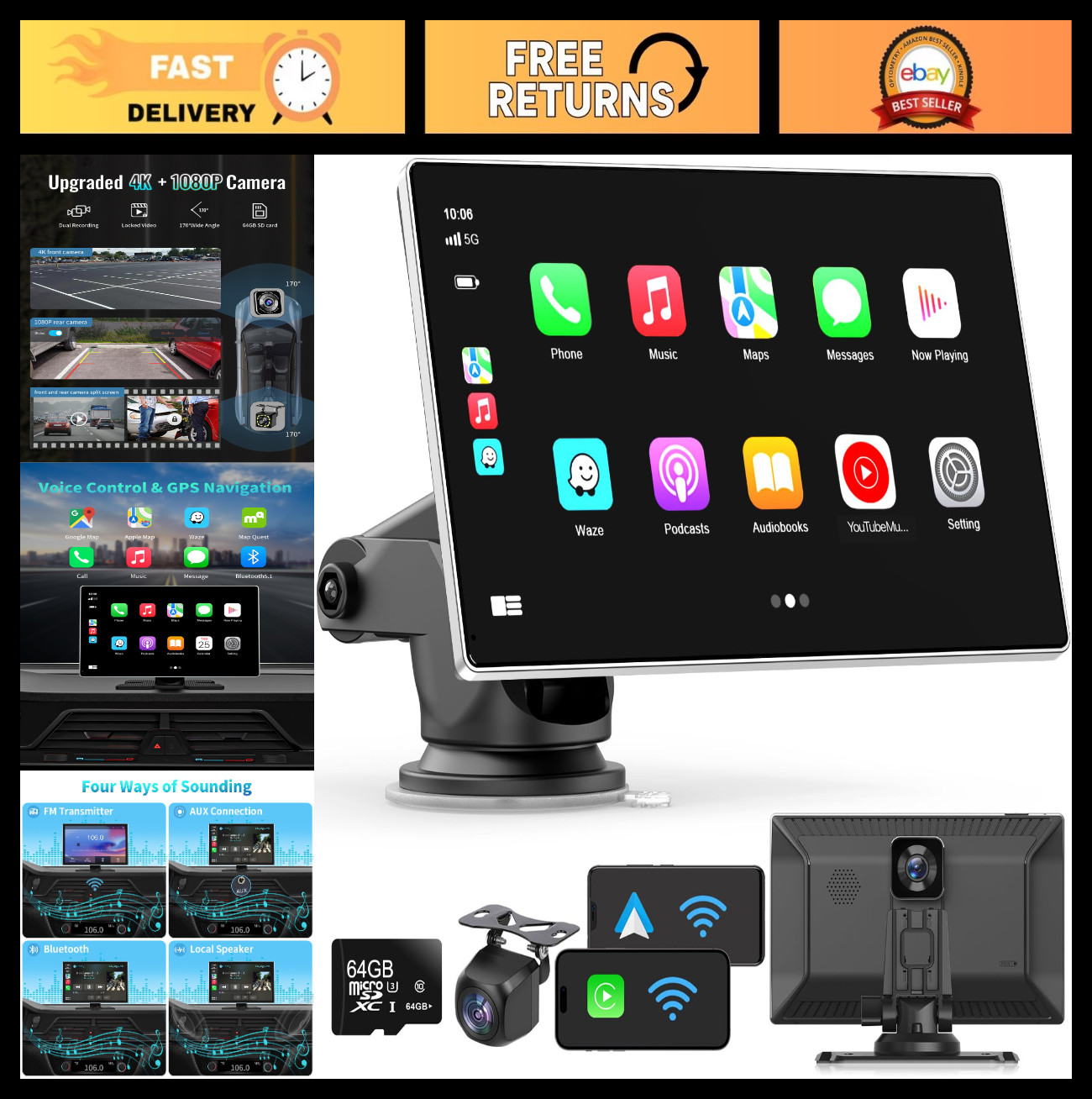 9″ Wireless CarPlay & Android Auto Screen, 4K Dash Cam, 1080p Backup Camera, GPS
