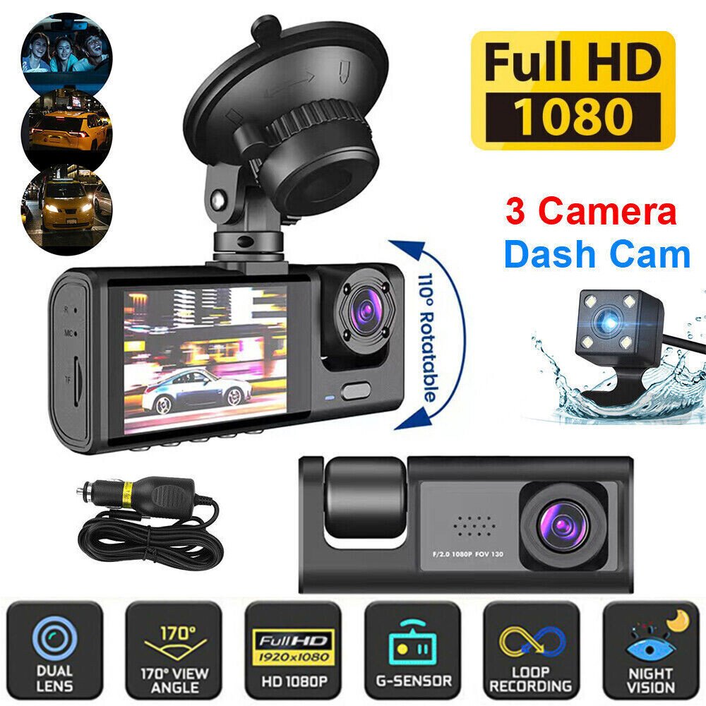 1080P HD Car Dual Lens Dash Cam Front/Rear/Inside Video Recorder Camera G-sensor