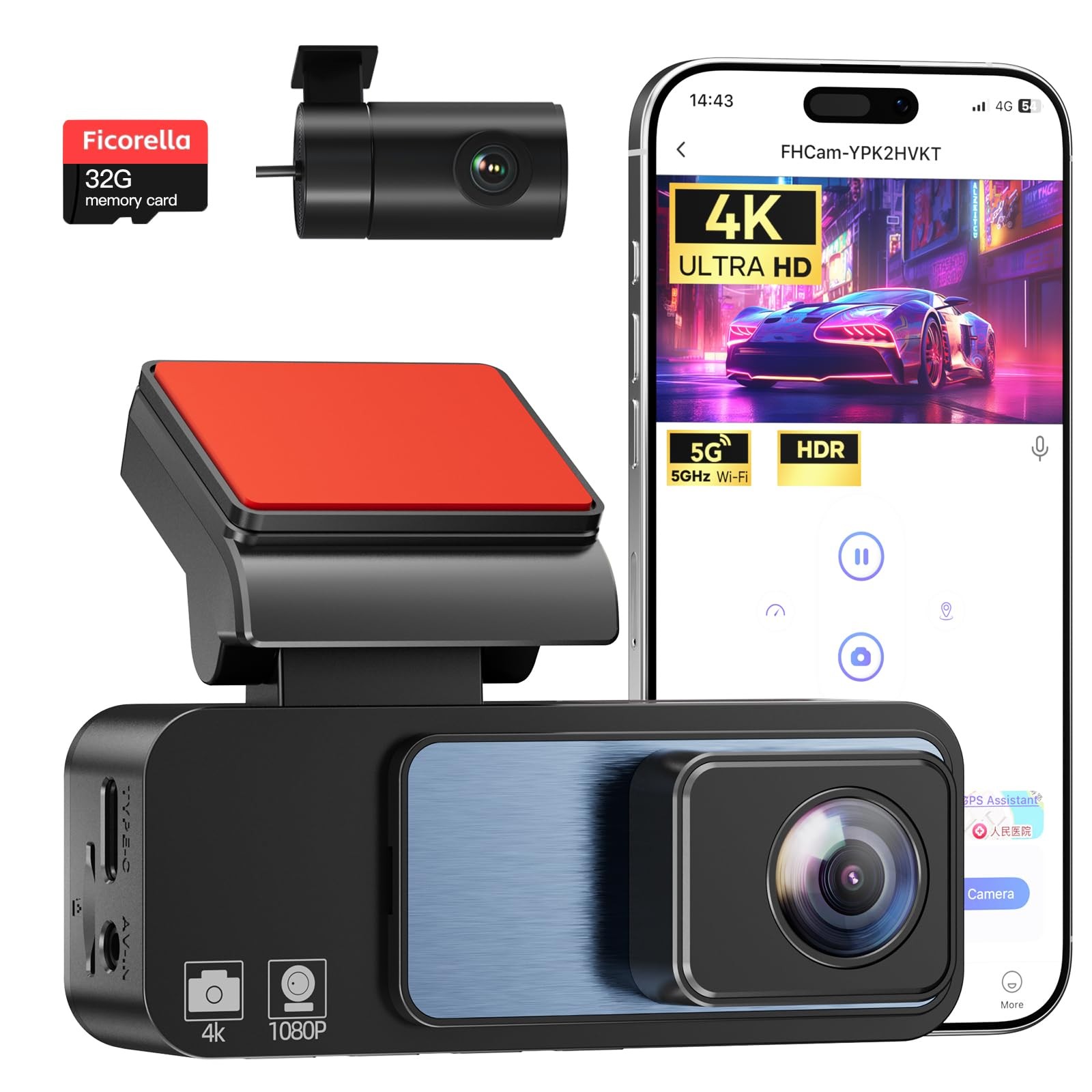 4K Dash Cam Front and Rear 3.2in HD Wireless Mounted Camera for Cars,Built-in…