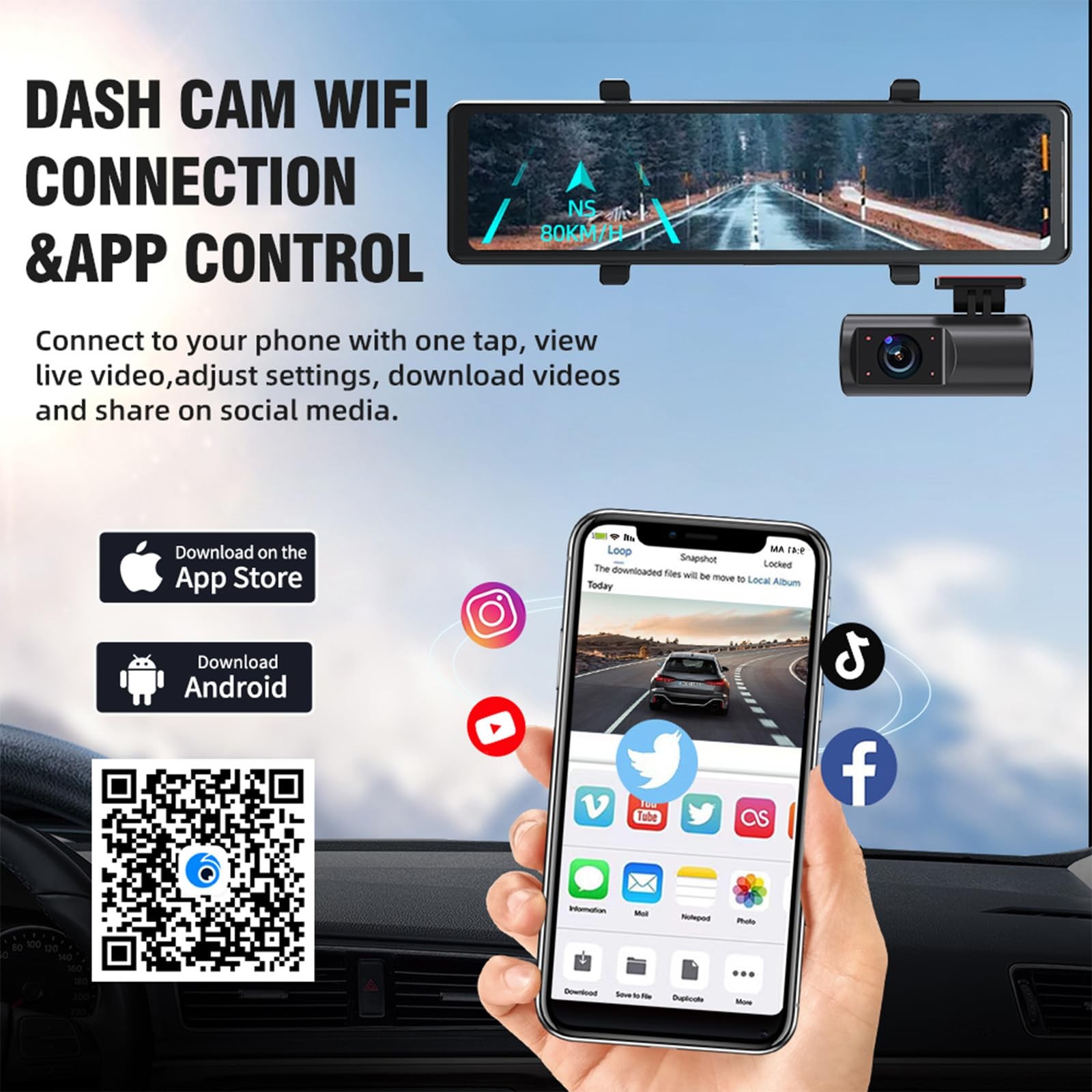3 Channel Mirror Dash Cam, 12″ Triple Rear View Mirror with Front 4K, Inside …