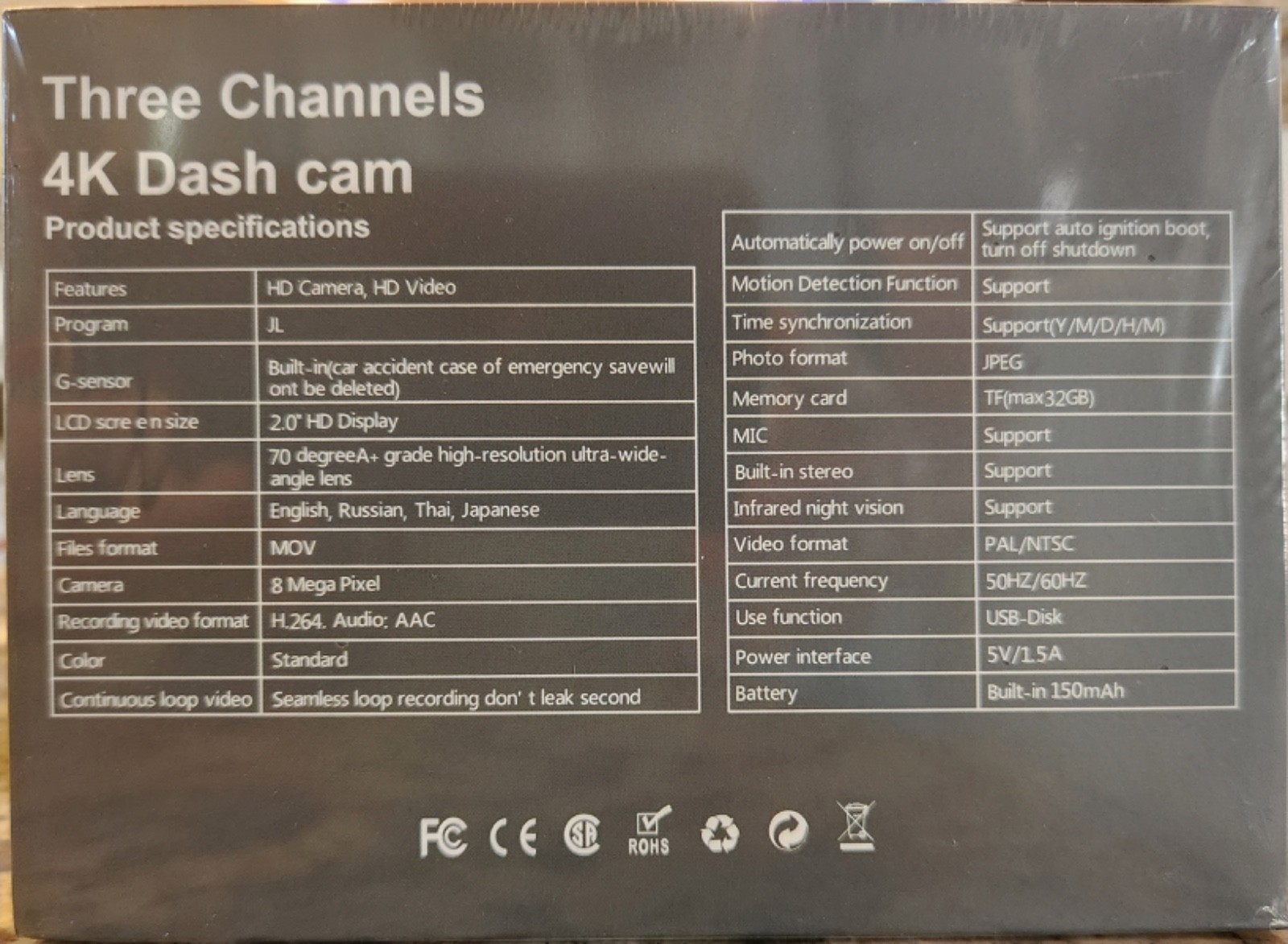 Three Channels 4K Dash Cam 8MP HD Camera Video 2.0″ Display