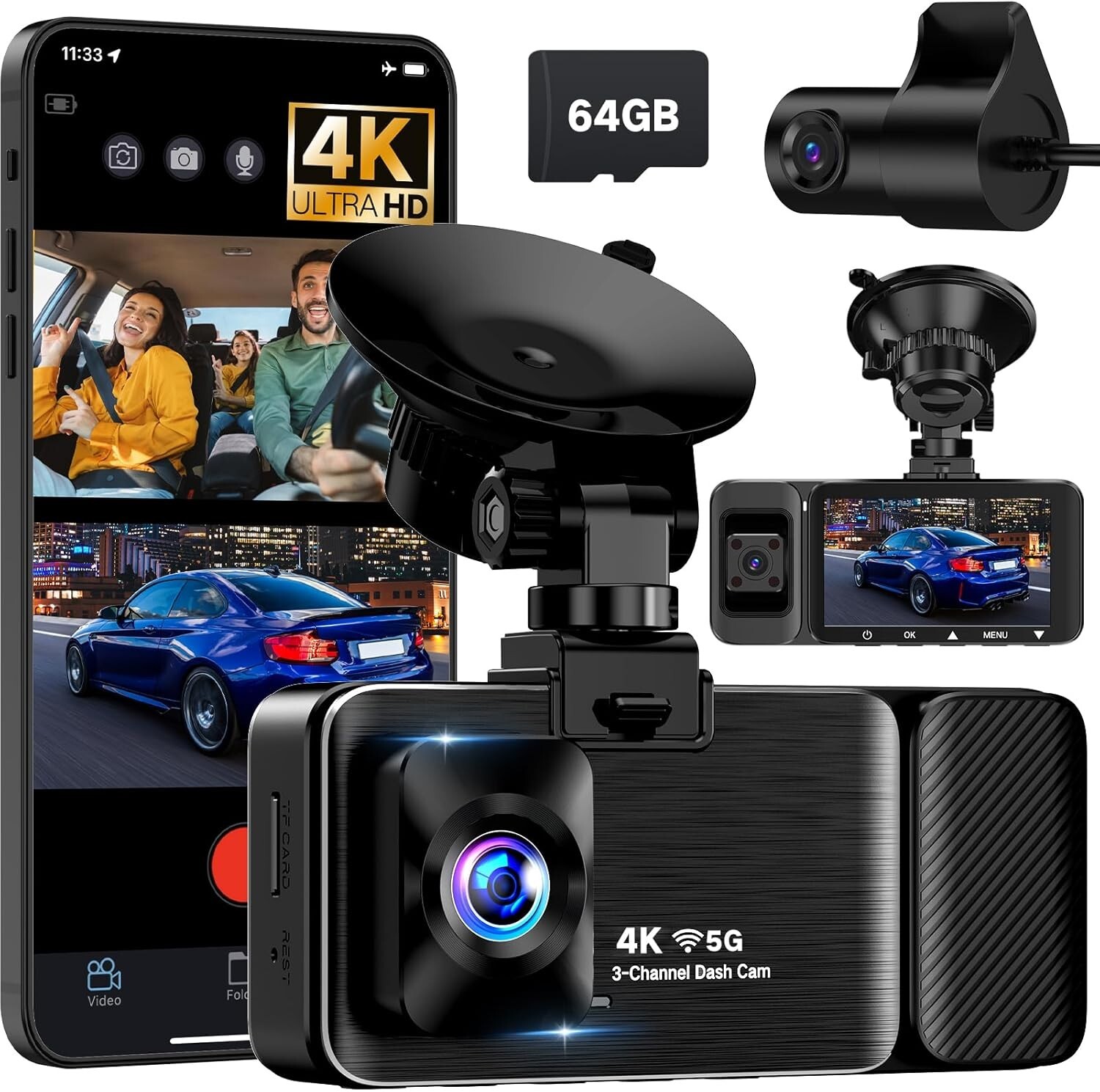 3 Channel 4K Dash Cam Front Rear and Inside, 5G WiFi Night Vision 3″ screen 64gb