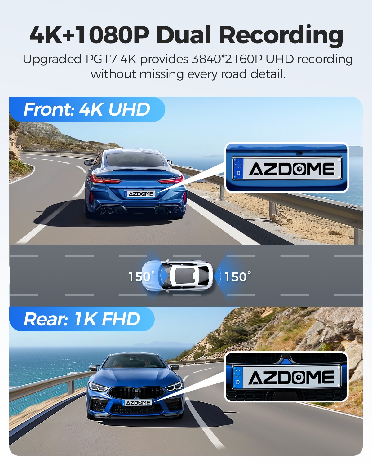 AZDOME 4K 12″Rearview Mirror Dash Cam WiFi GPS Front Rear Car Camera 64G SD Card