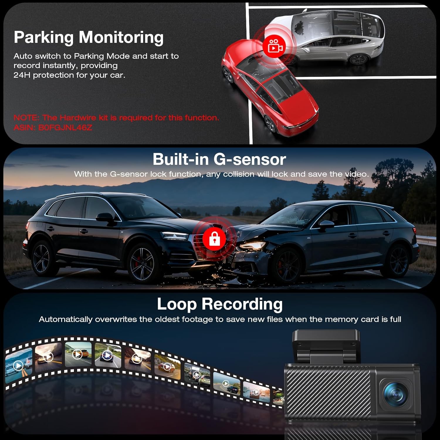 Beferich J18 4K 2.5K Dual Dash Cam GPS WiFi 64GB Card 256GB Max front rear night