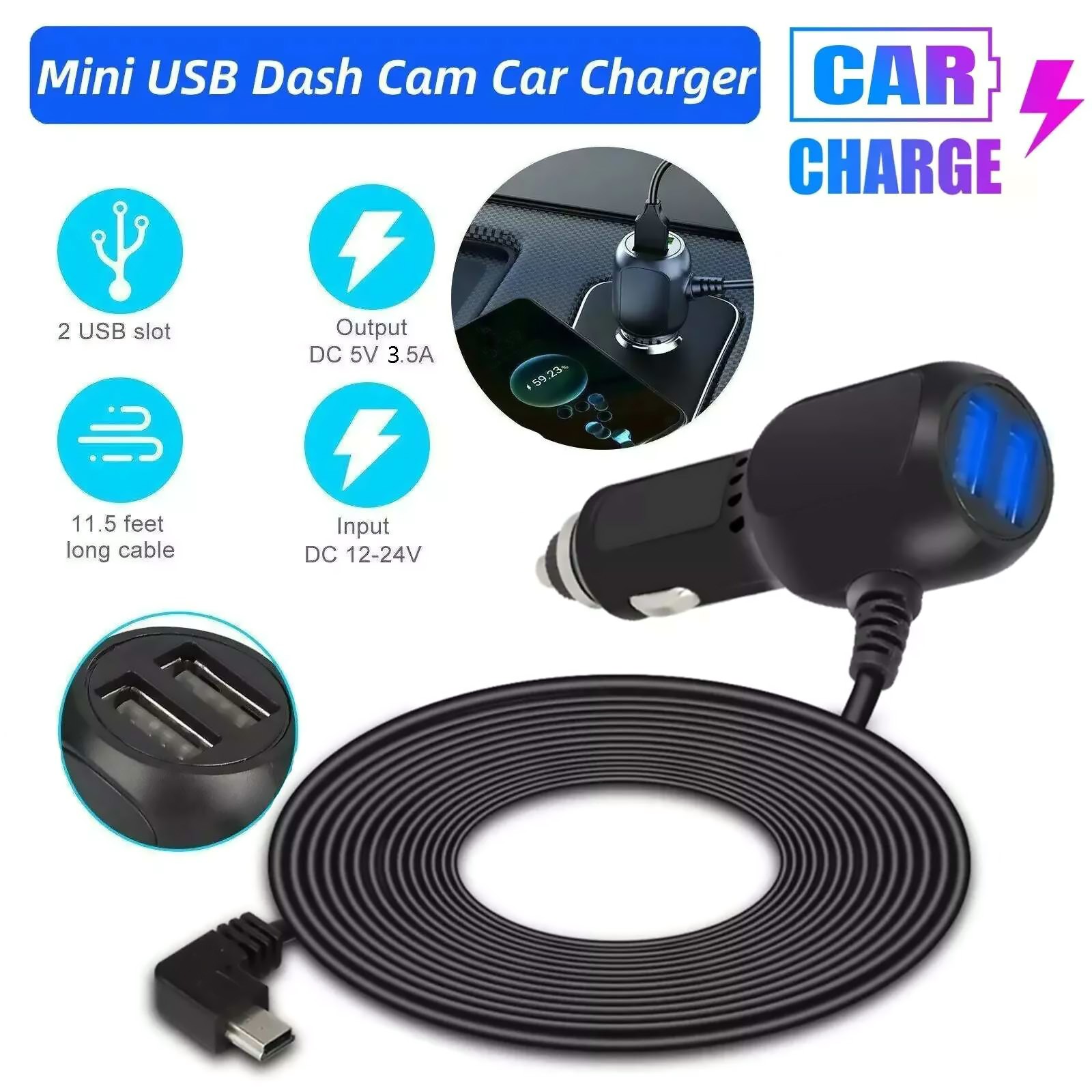 12V-24V USB Dash Cam Car Charger Cable Power Cord Supply for Camera GPS