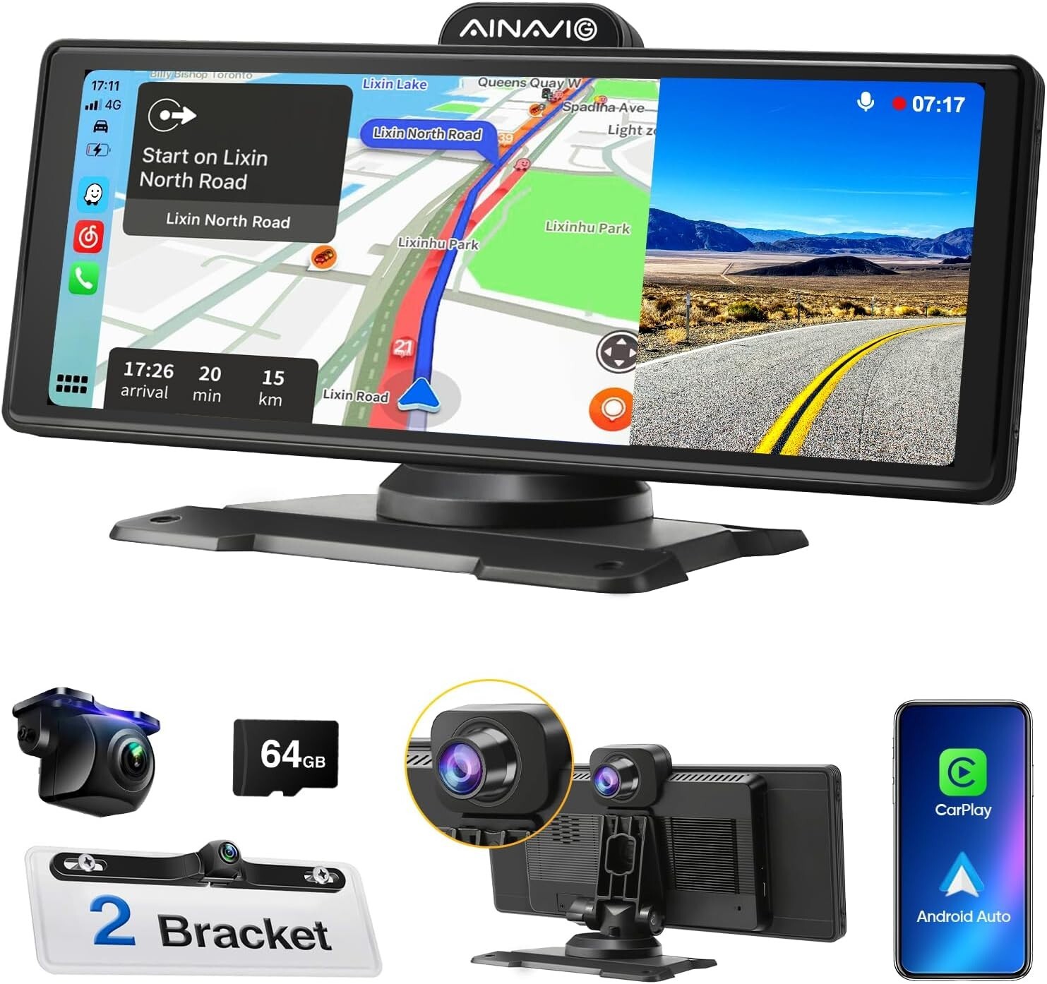 AINAVIGO 10.26” 4K ADAS Dashcam, Car Stereo, Wireless Dash Mount. Bluetooth