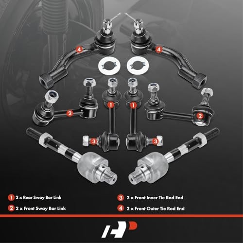 Set of 8, Front & Rear Sway Bar Link, Inner Outer Tie Rod End, Compatible