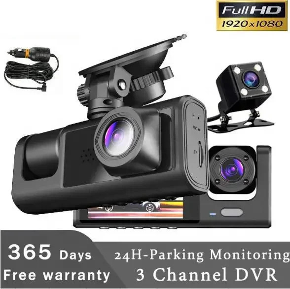 3 Channel Dash Cam Front Inside Rear Camera 1080P Car DVR Parking Monitor