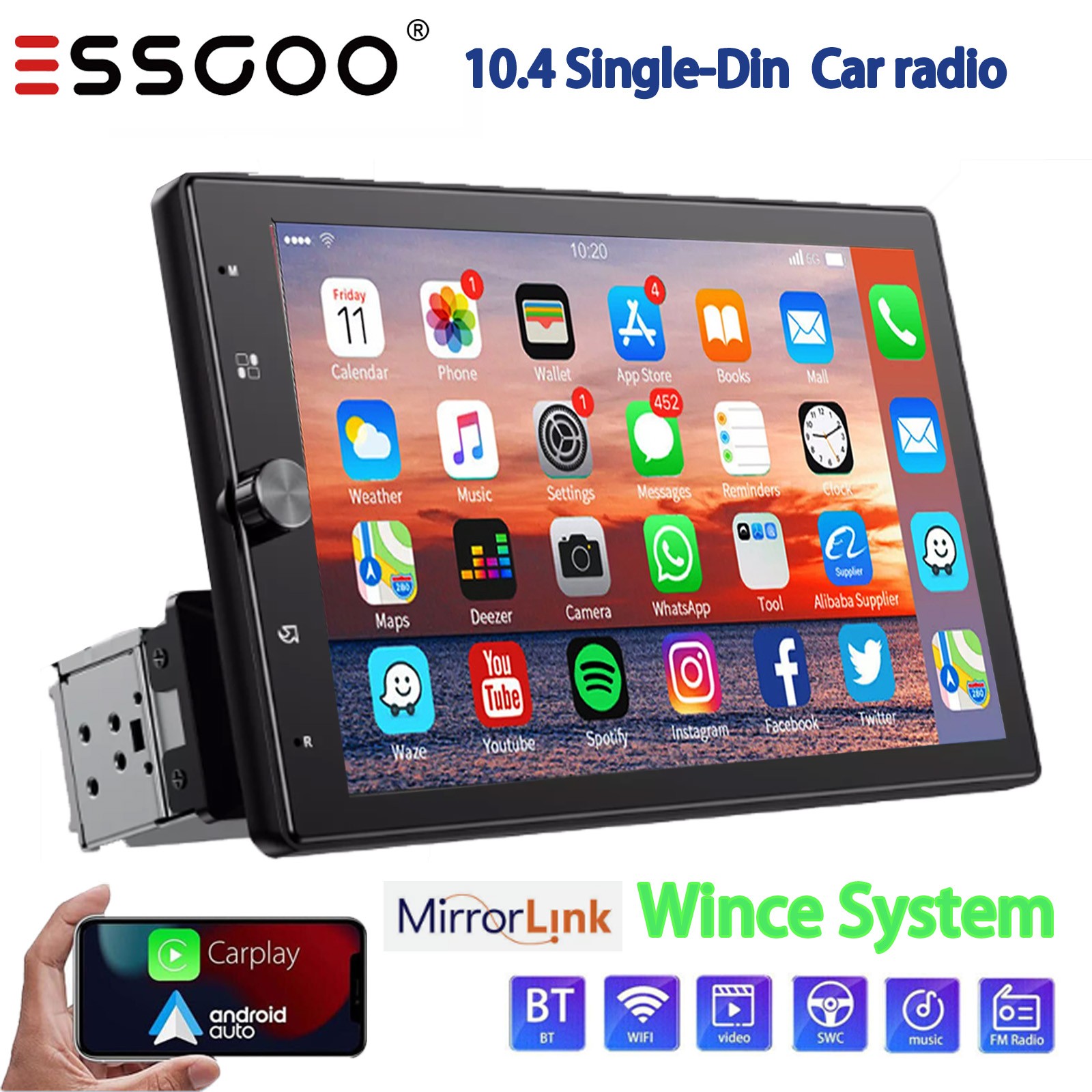 10″ Rotatable Wireless Apple CarPlay Android Auto Car Stereo Radio Single 1 DIN