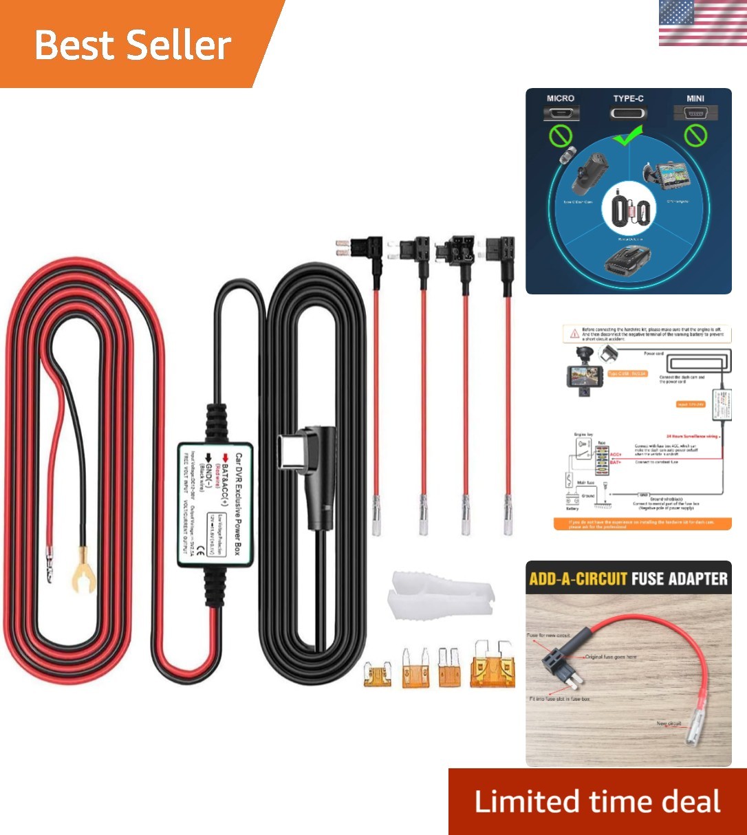 Dash Cam Hardwire Kit 13ft – Type C USB with Easy Installation & Battery Safety