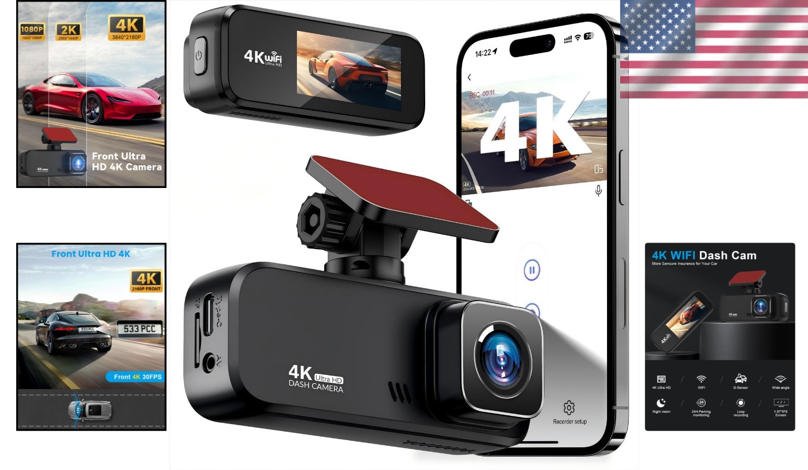 4K Ultra HD Dash Cam with Wi-Fi & Night Vision – 24H Parking Mode, 170° View