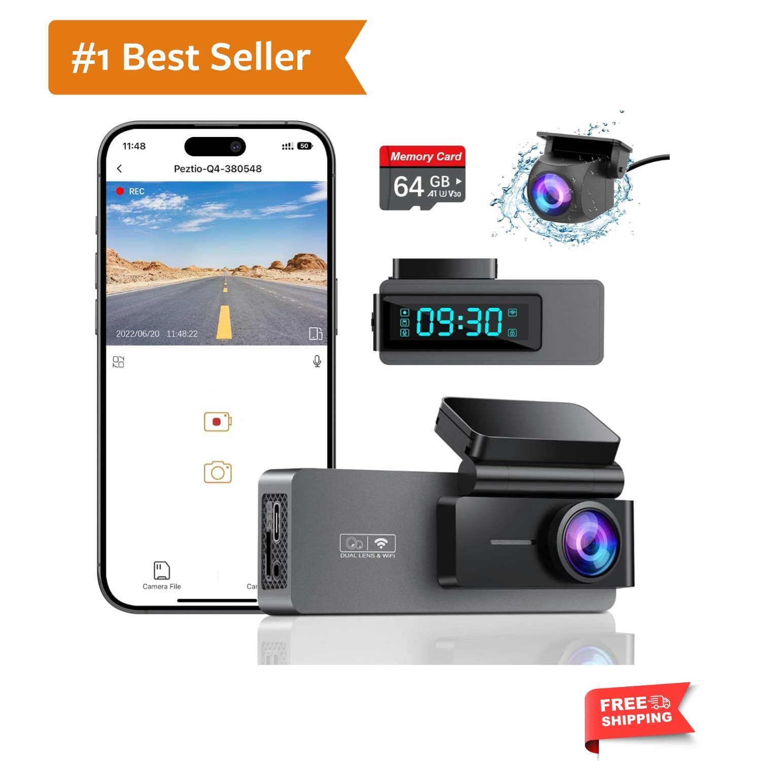 Dash Cam Front and Rear 4K+1080P, Free 64GB Card, Built-in WiFi, Dash Camera …
