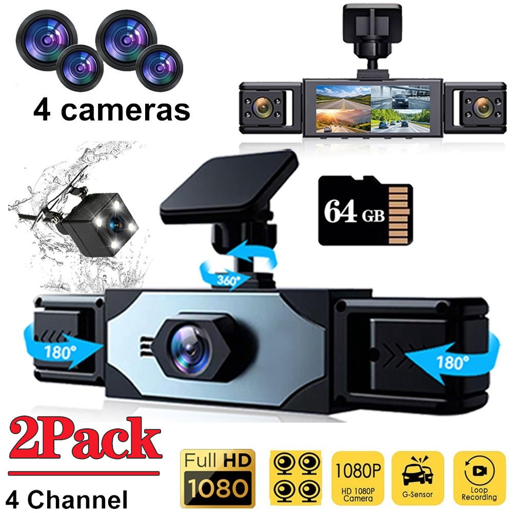 2x Dash Cam 1080P 4Lens Car DVR Recorder Front And Rear Camera + 2x 64GB TF Card