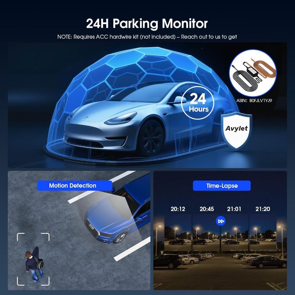 Avylet Front and Rear Dash Cam 4K/2.5K+1080P 5G WiFi APP Control 2.7″ IPS Screen