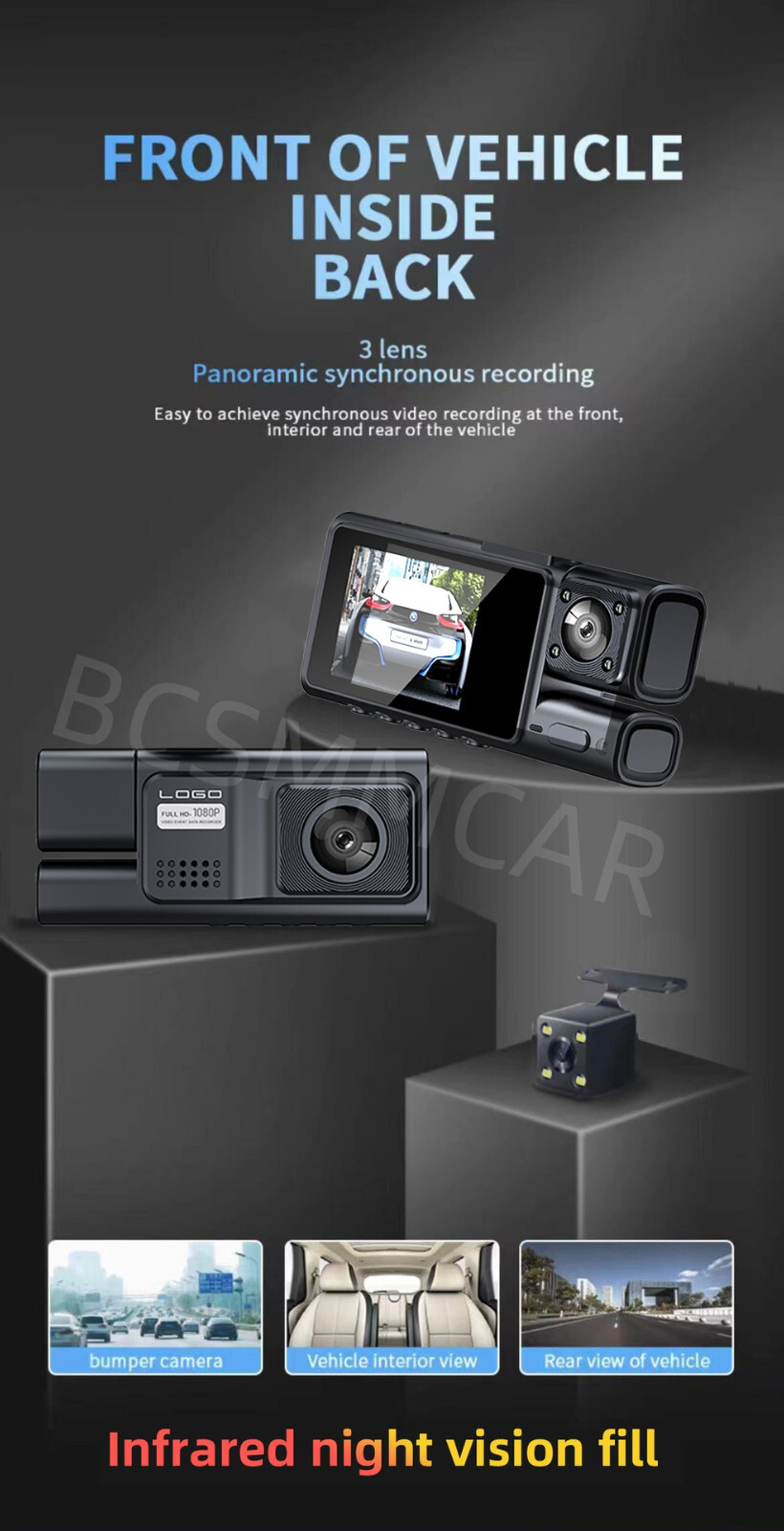 Wifi Car DVR Dual Lens Dash Cam Front/Rear/Inside Video Recorder Camera G-sensor