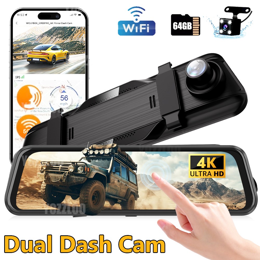 9.66″ Dual Dash Cam Front Rear 4K Dash Camera WIFI APP w/ 64GB SD Card NEW