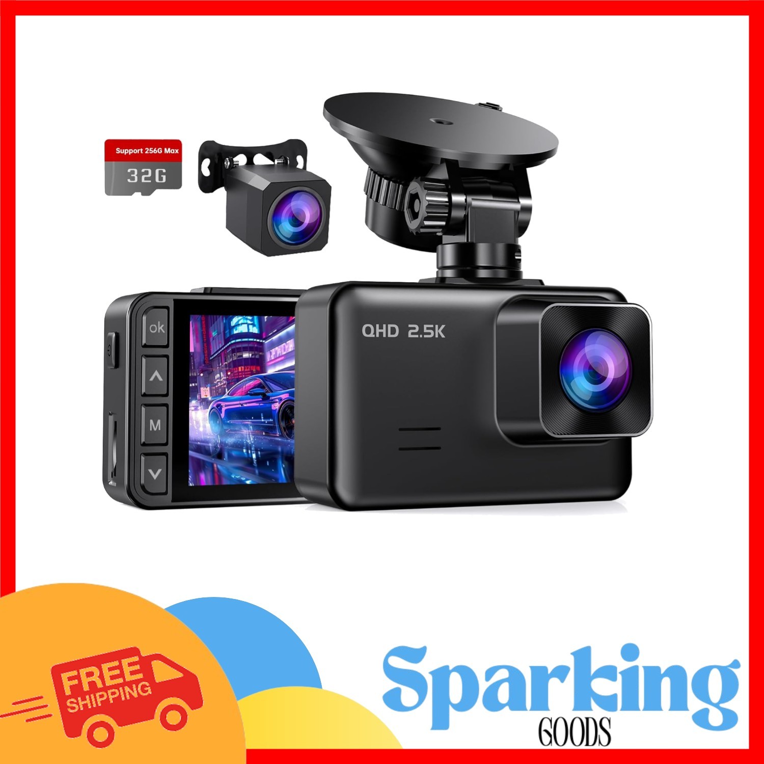 E-yeeger S50 Dash Cam – 2.5K + 1080P Front & Rear, G-Sensor, 24-Hour Parking