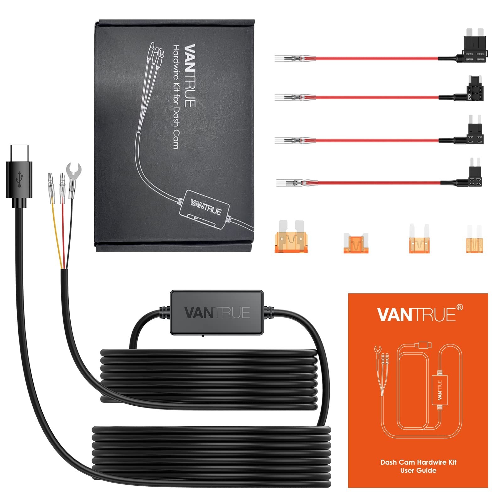 USB-C Hardwire Kit 11.5ft for Dashcams, 12V-24V to 5V, Low Voltage Protection, A