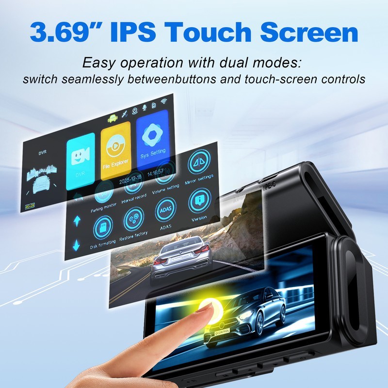 Dash Cam 4k Front Rear Car Cameras 3.69″ Touch Screen Car DVR Built-in GPS ADAS