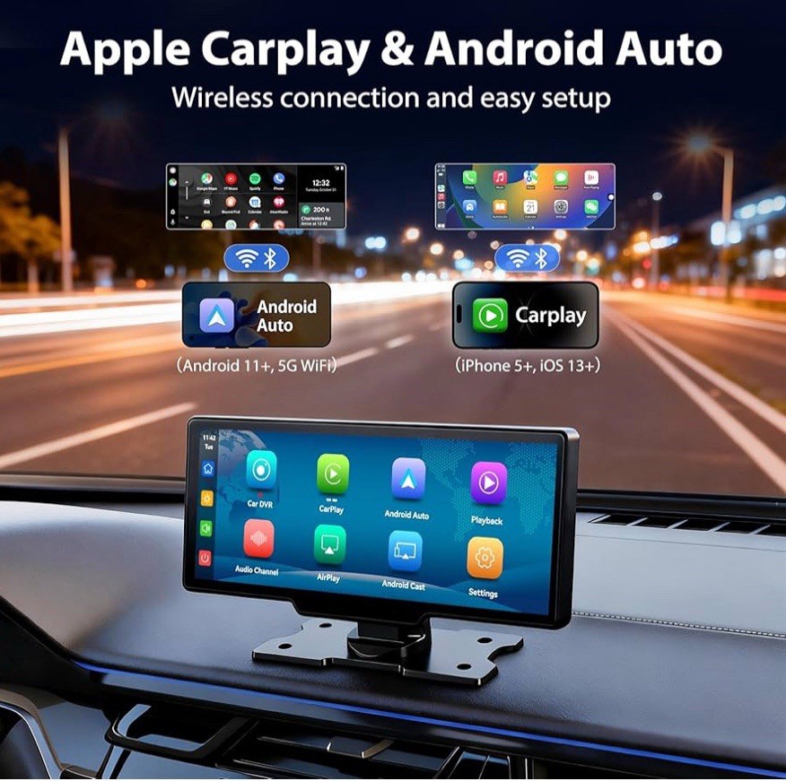 10.26″ Wireless Carplay Screen for Car: 4K Dash Cam & 1080P Backup Camera, Porta