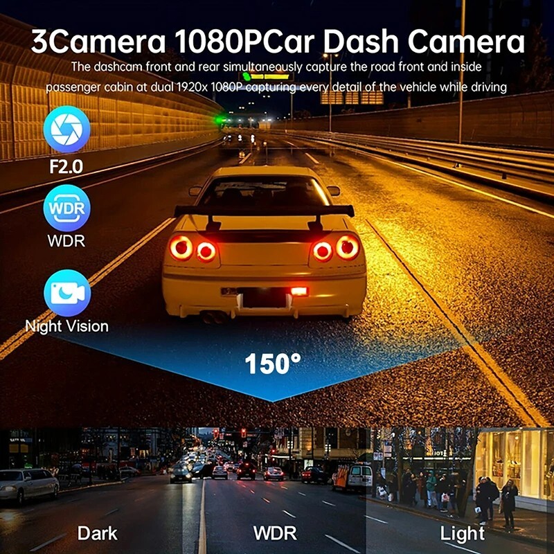 1080p Wifi Car Dual Dash Camera Front/rear/inside G-sensor Video Record Dual Cam