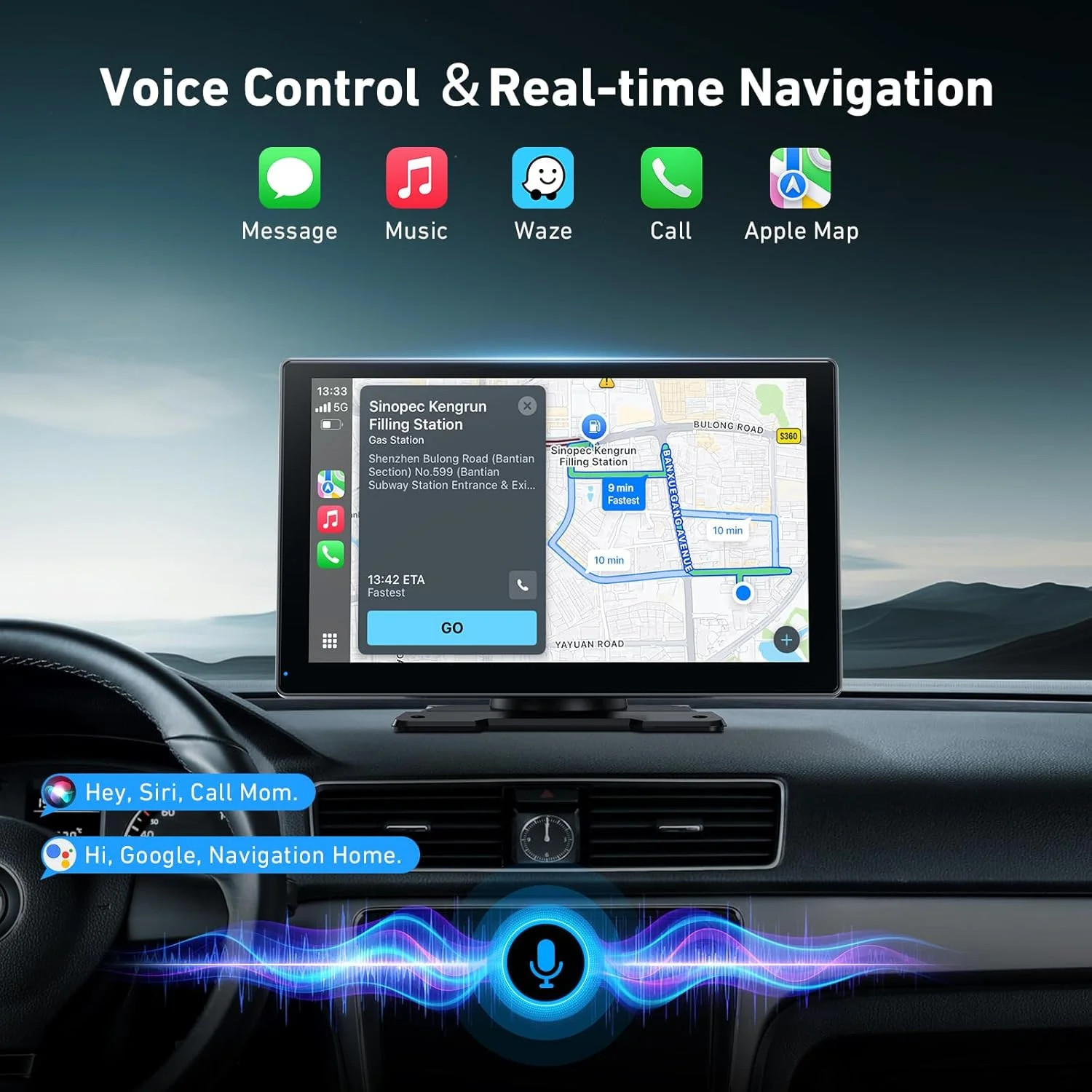 9″ Wireless Carplay Screen with 4K Dash Cam & 1080P Backup Cam | Android Auto Sc