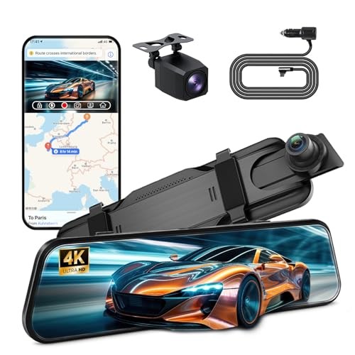 4K Mirror Dash Cam with Carplay&Android Auto,10″ Rear View Mirror Camera for