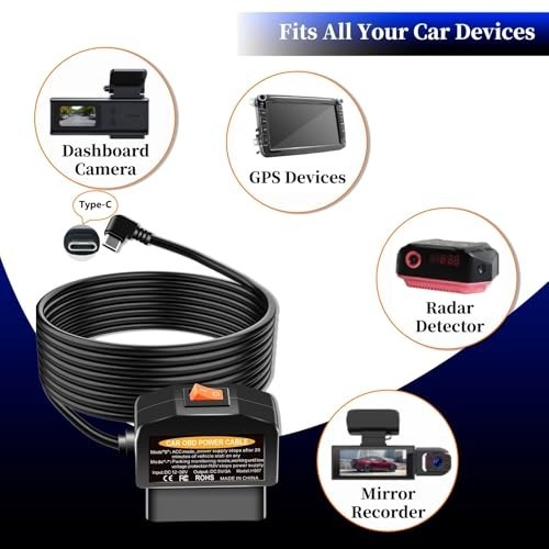 OBD2 to USB C Power Adapter for Dash Cam, Hardwire Kit, Parking Mode, Low Voltag