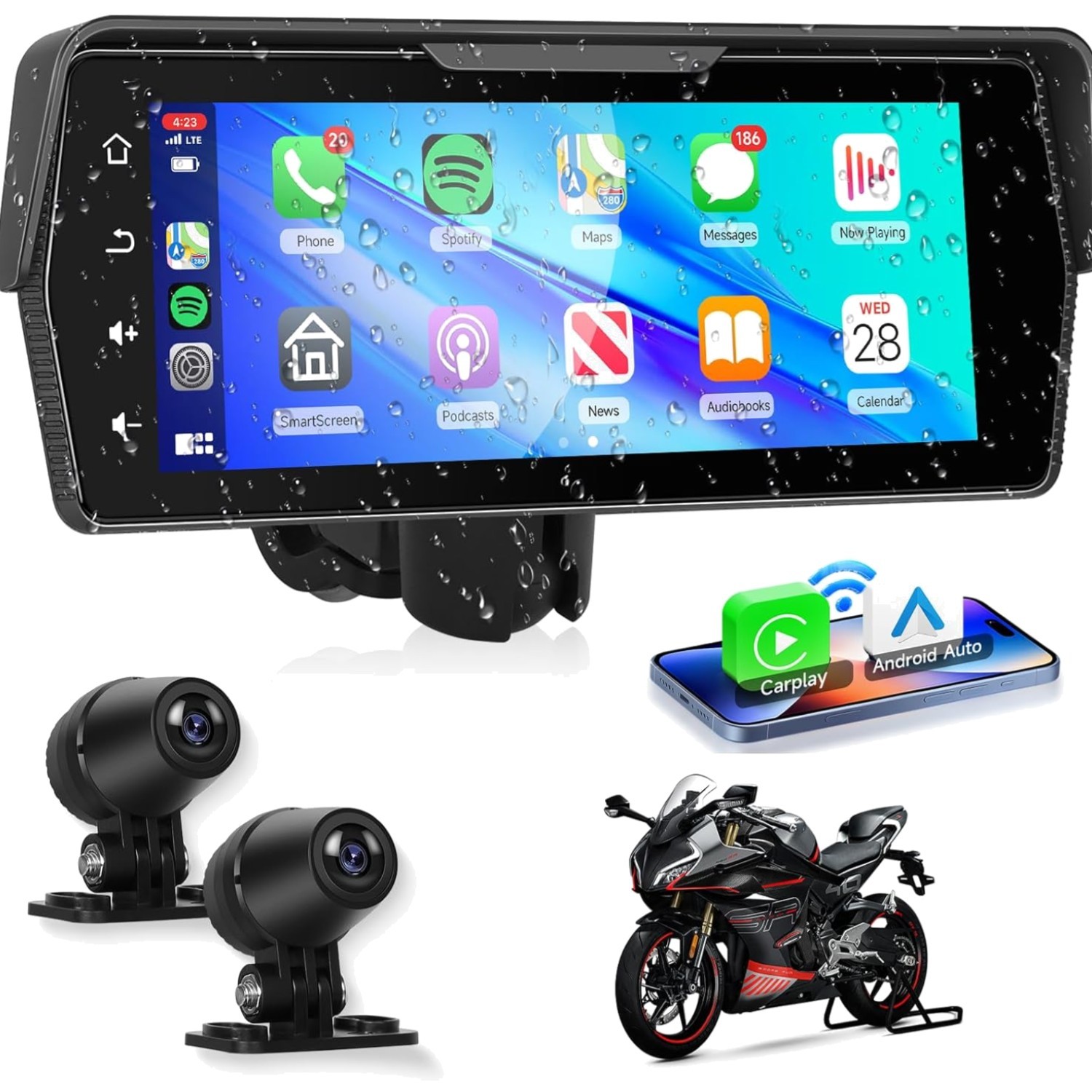 Motorcycle Front+Rear Dash Cam,6.86 inch IPS 1280x480P Touch Screen,1080P Mot…