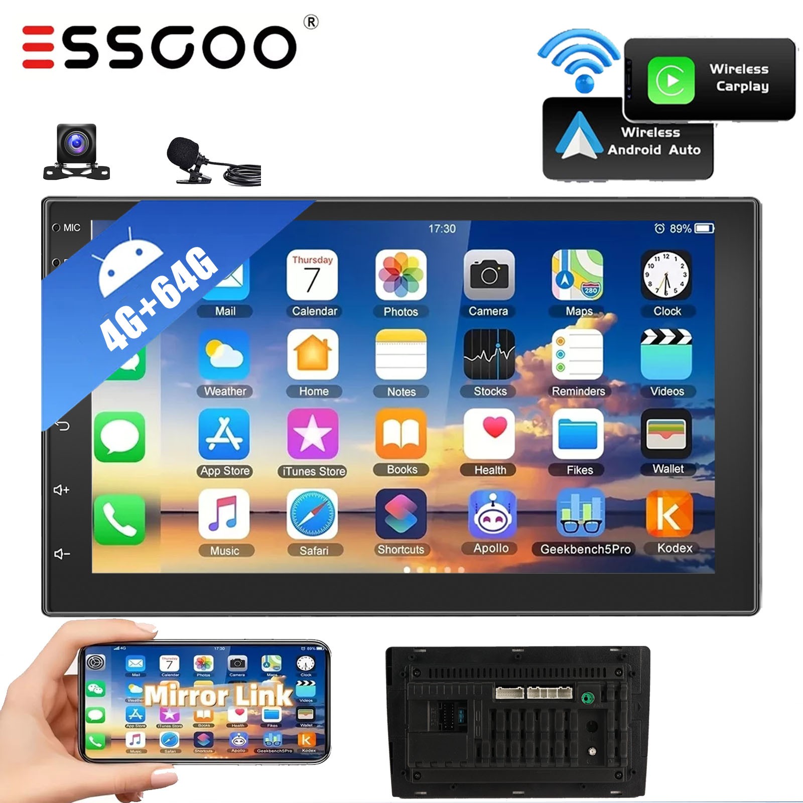 4+64G 9″ Wireless CarPlay Android14 Double Din Car Radio Stereo RAM Wifi+MIC&AHD