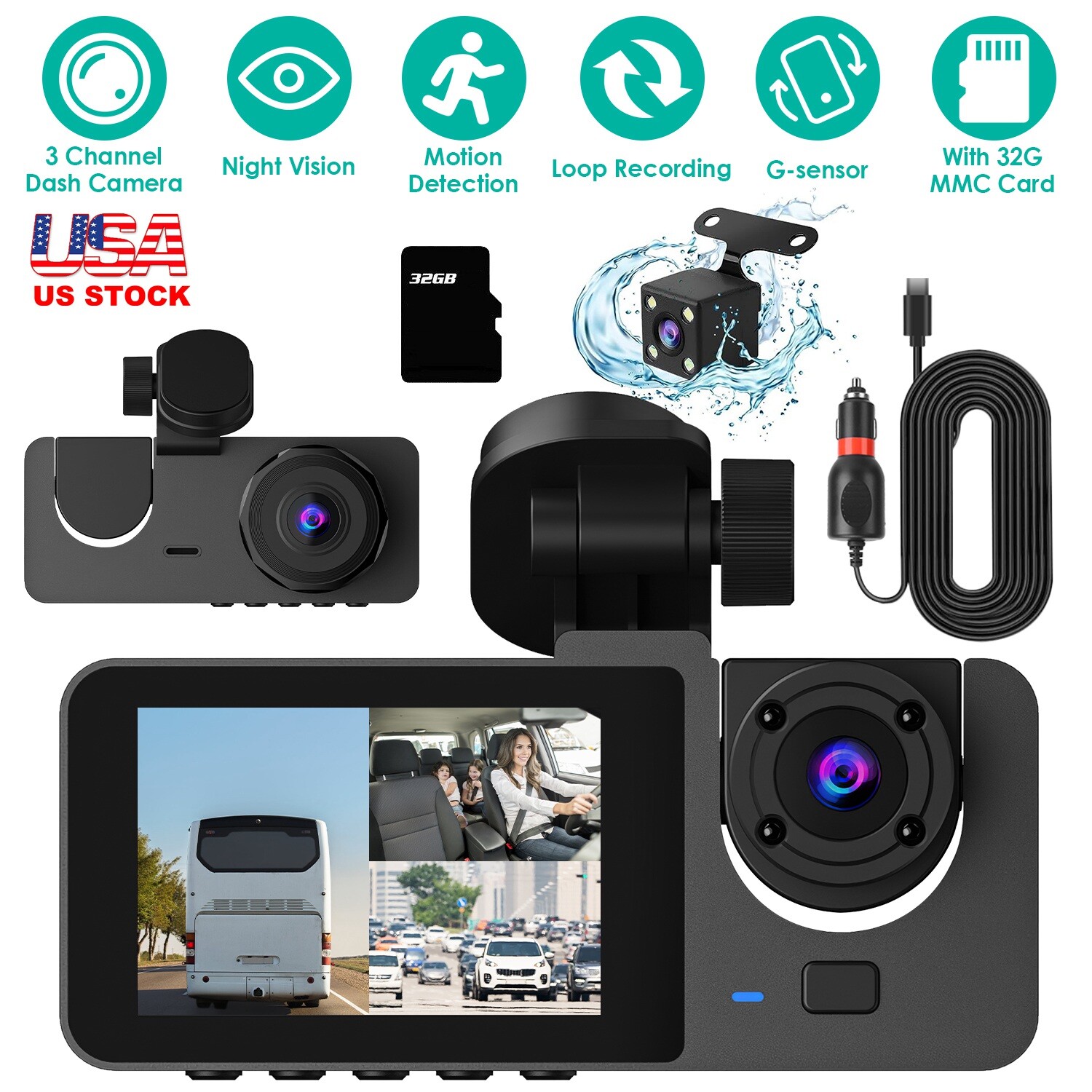 3 Channel Full HD 1080P Dash Cam Car DVR Front Rear Camera Night Vision G-sensor