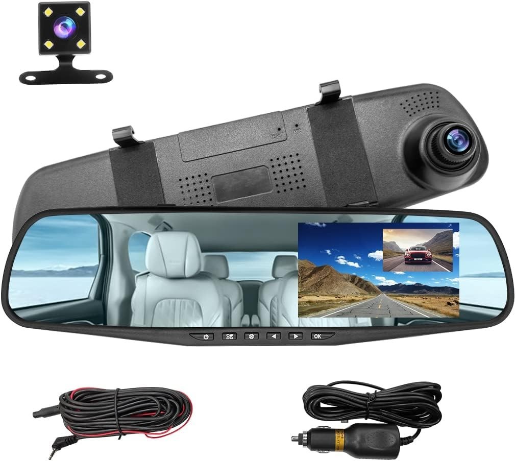 Waterproof 1080P Rearview Mirror Camera with Parking Assistance & Loop Record