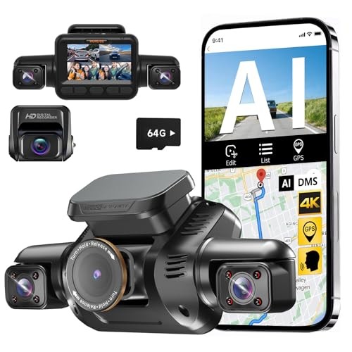 AI Dash Cam Front Rear Inside with Driver Monitor System, 360° Car Camera 4K,