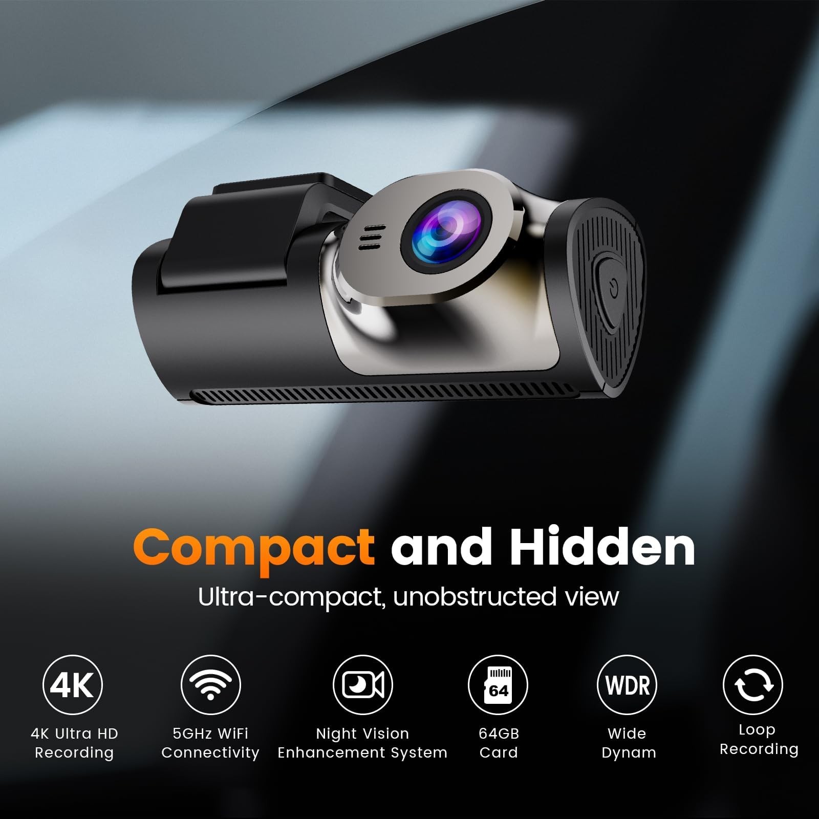 4K+1080P Dash Cam Front and Rear,64GB Card Included,5.8GHz WiFi Dash Camera f…