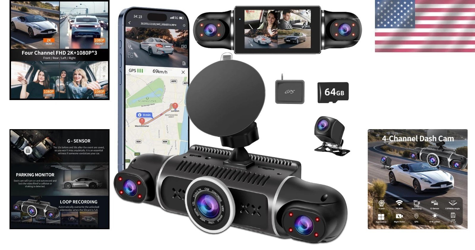 Elite 4-Way Dash Cam 360° 2K FHD, Built-in GPS, WiFi, 64GB Card, Parking Mode