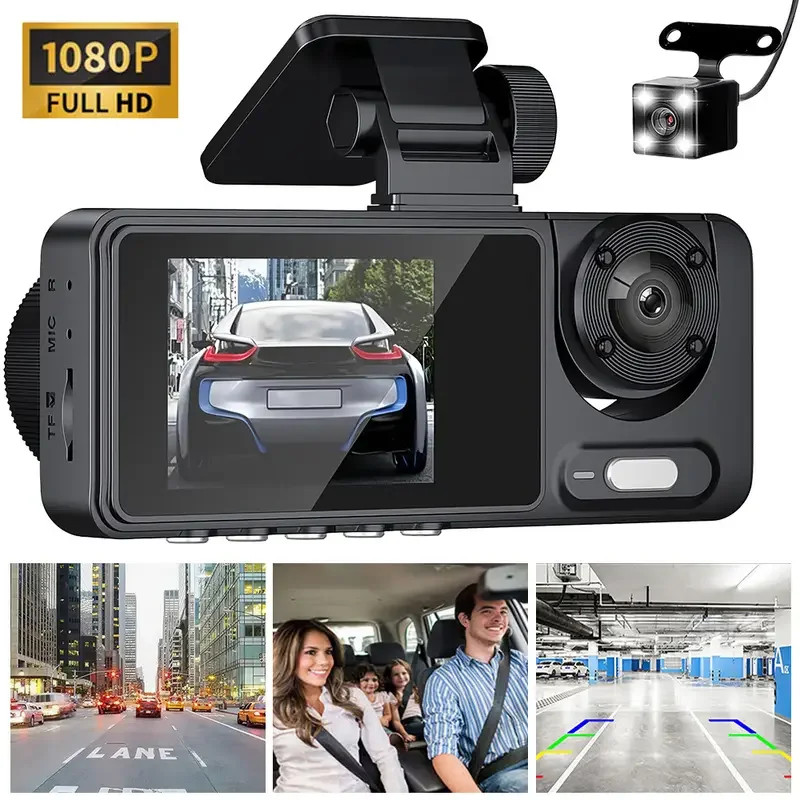3-Lens HD WiFi Dashcam Night Vision IPS Screen for Driving Recorder