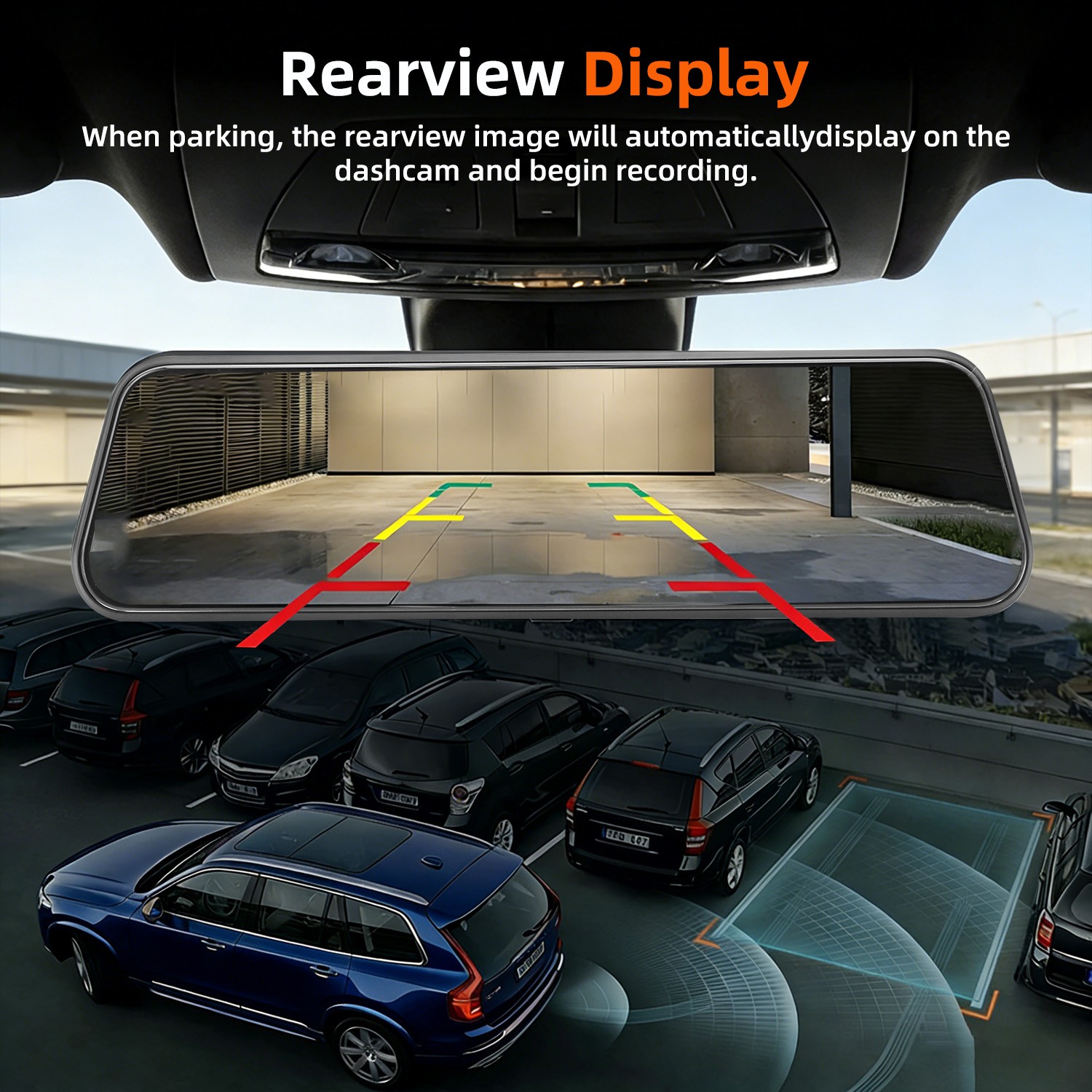 9.6″ Car Mirror Dash Cam with Front + Rear Cameras, WiFi, Parking Monitor, Black