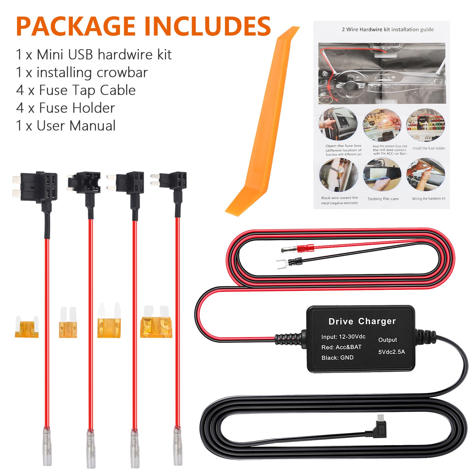 Universal Dash Cam Hardwire Kit Mini Type C Hard Wire Cable Fuse for Car SUV DVR