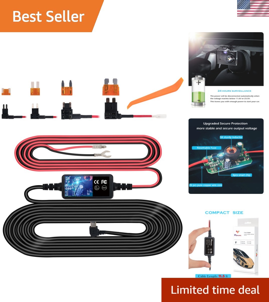 Mini USB Dash Cam Hardwire Kit for 24-Hour Surveillance – 11.5ft Power Cord