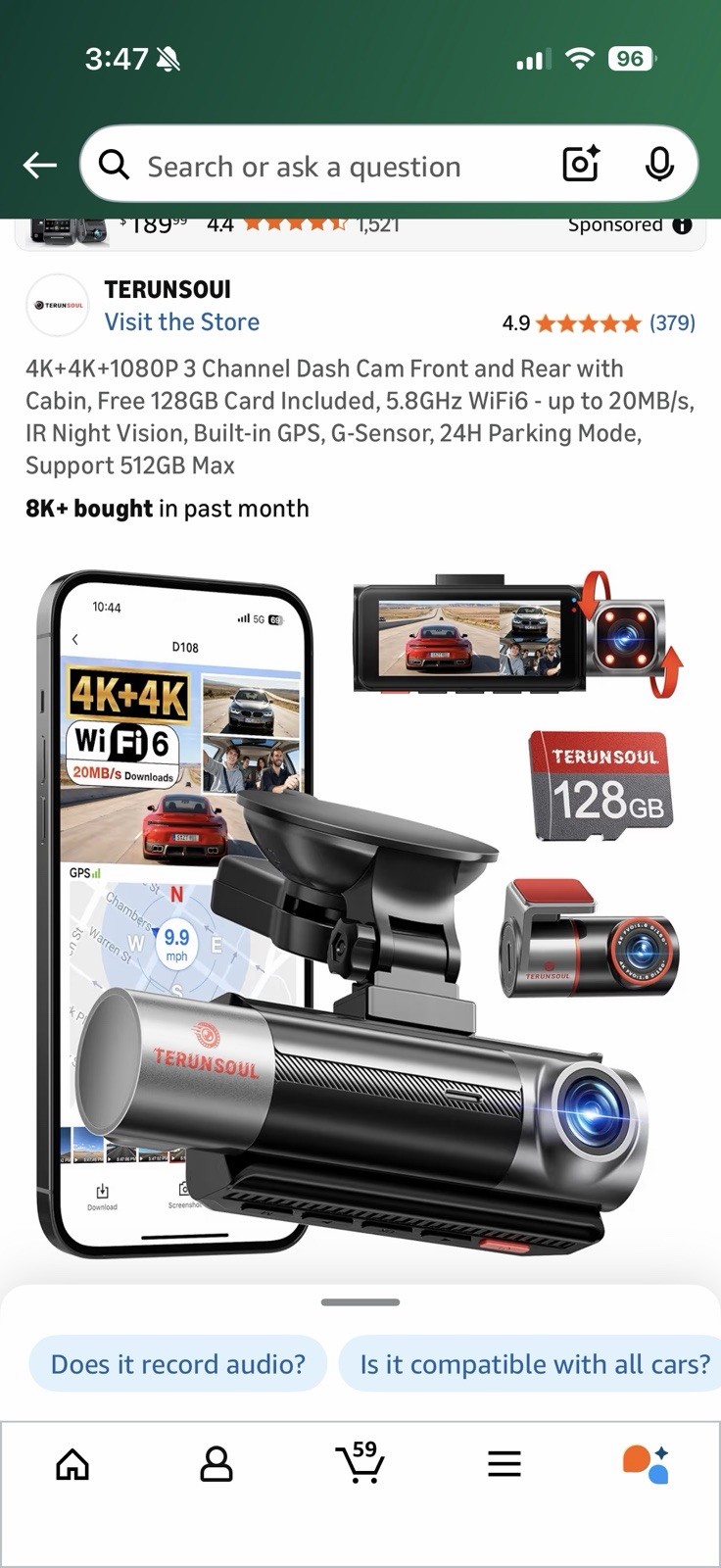 TERUNSOUl 4K+4K+1080P 3 Channel Dash Cam Front and Rear with Cabin, Free 128GB