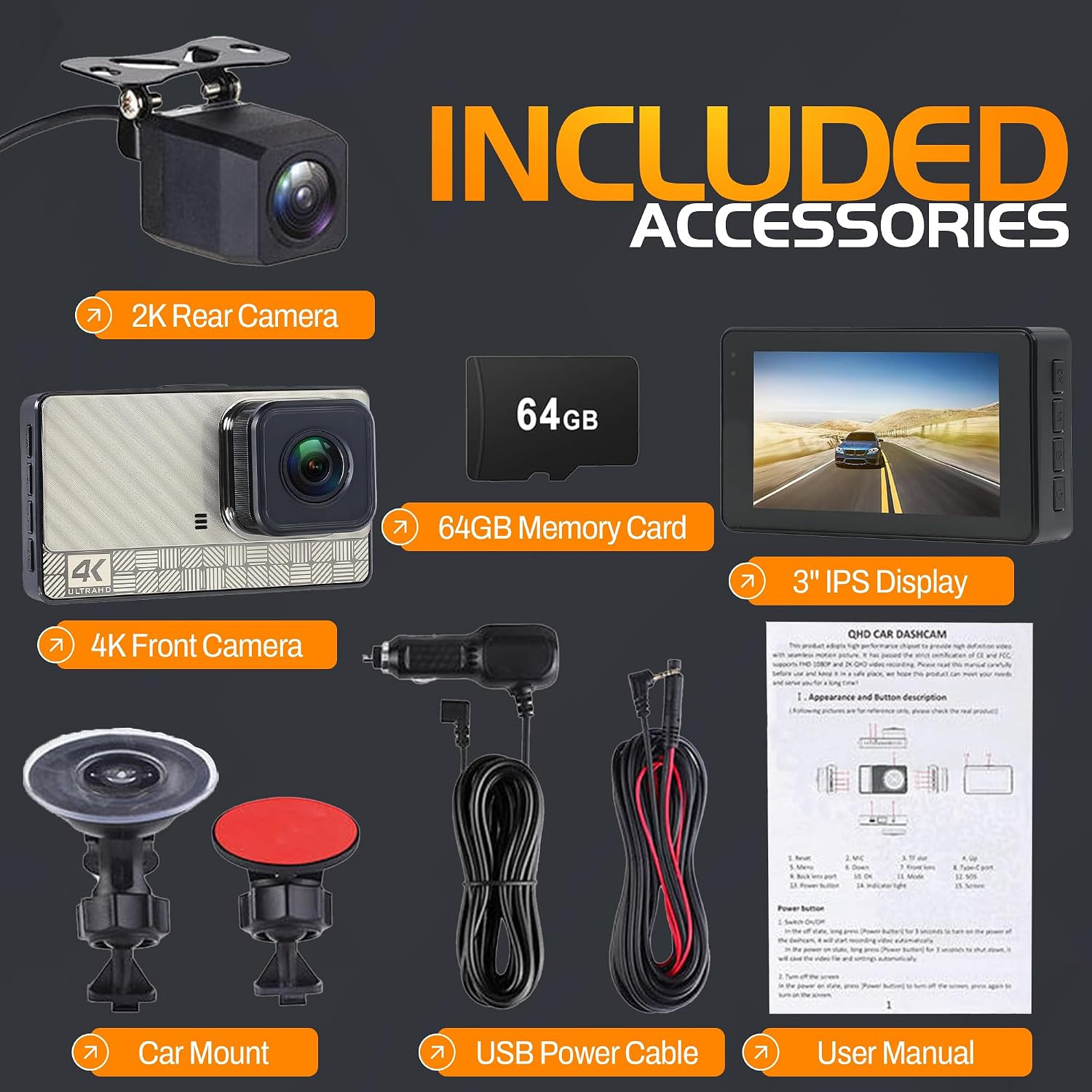 4K Front Dash Cam & 2K Rear Full HD Dash Camera for Cars, Included 32GB Card, 17