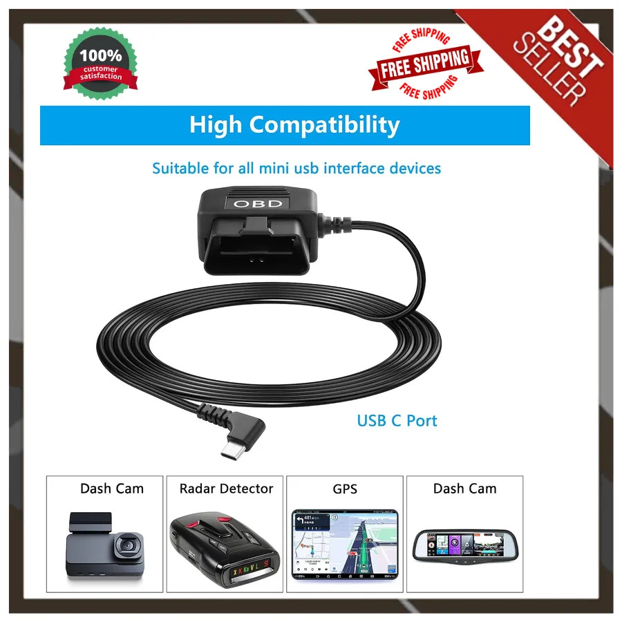 OBD2 to USB C Dash Cam Hardwire Cable 3.5M 12V 24V Power Adapter Right Angle