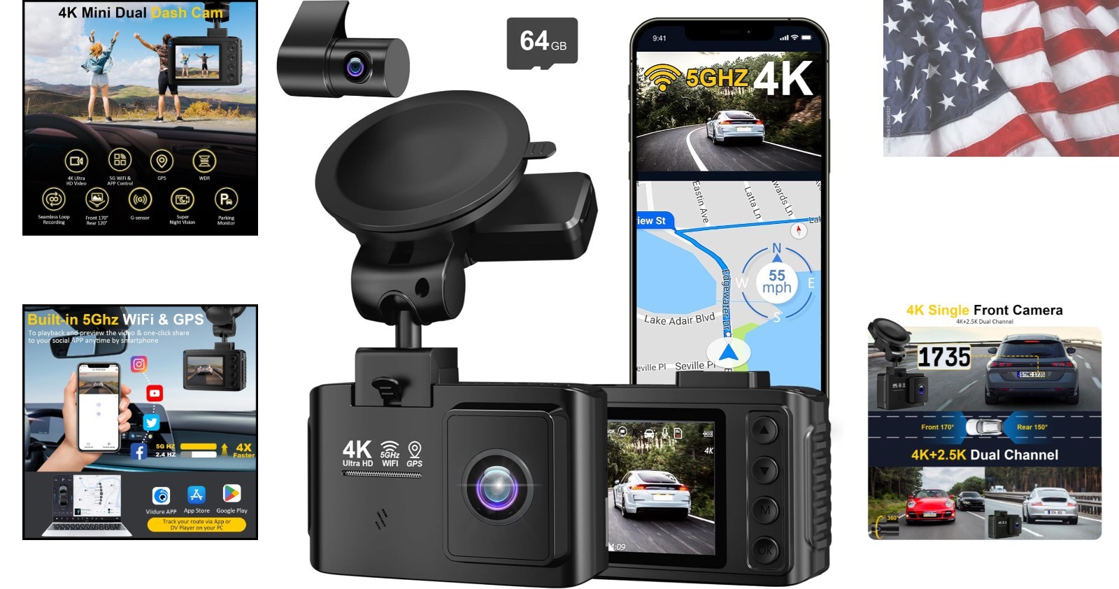 Dash Cam Front and Rear: 4K+2.5K Dual Channel Dash Cam-5GHz WiFi, GPS Dash Ca…
