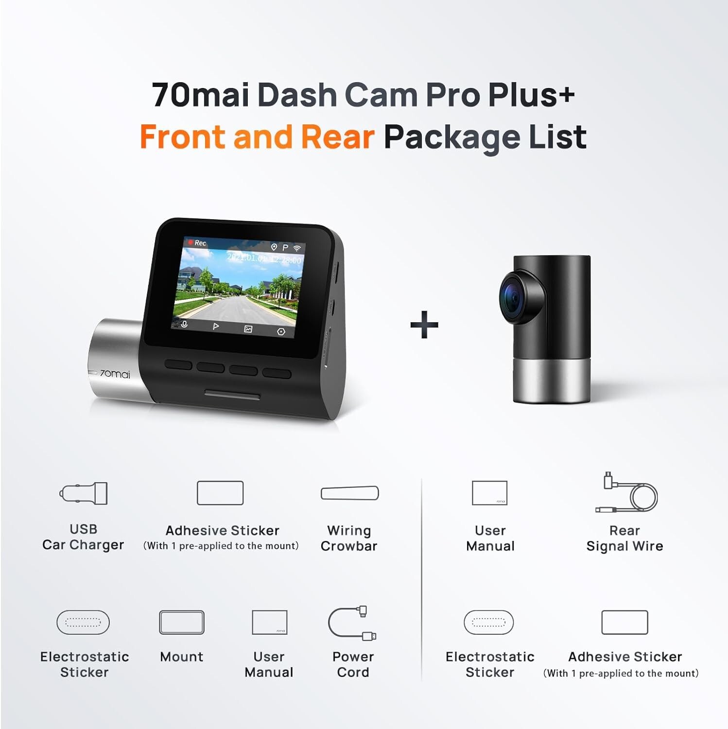 70mai True 2.7K 1944P Ultra Full HD Dash Cam A500S, Front and Rear