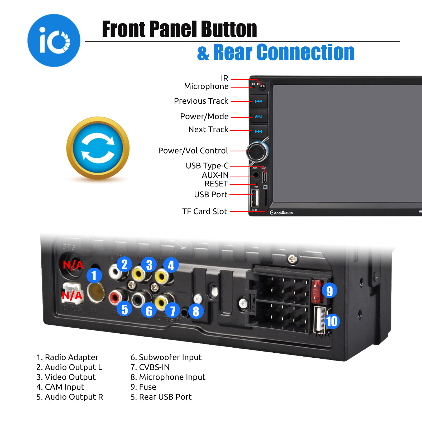 2 DIN 7″ Wireless Apple Carplay Car Stereo Head Unit FM Radio Bluetooth + Camera